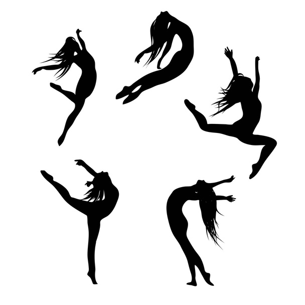 Viisi mustaa siluettia tanssi (hyppy) nainen
 - Vektori, kuva