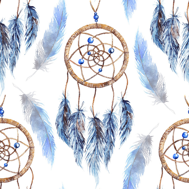 Watercolor ethnic tribal hand made feather dream catcher seamless pattern - Foto, Bild