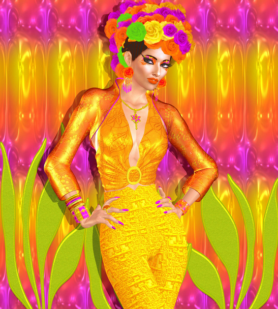 Moda seductora e imagen de belleza de una mujer en un traje colorido con accesorios a juego, maquillaje, sombra de ojos y más
.  - Foto, Imagen