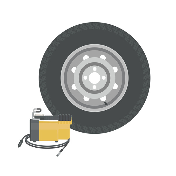 Spare wheel and car compressor. Pump wheels. - Vector, Image