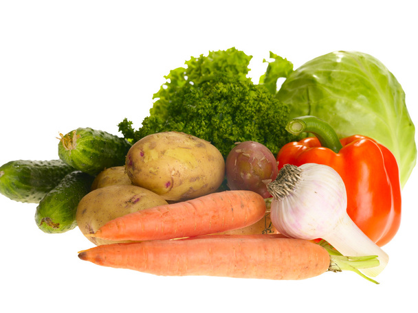 Fresh tasty vegetables on white backgrou - Photo, Image