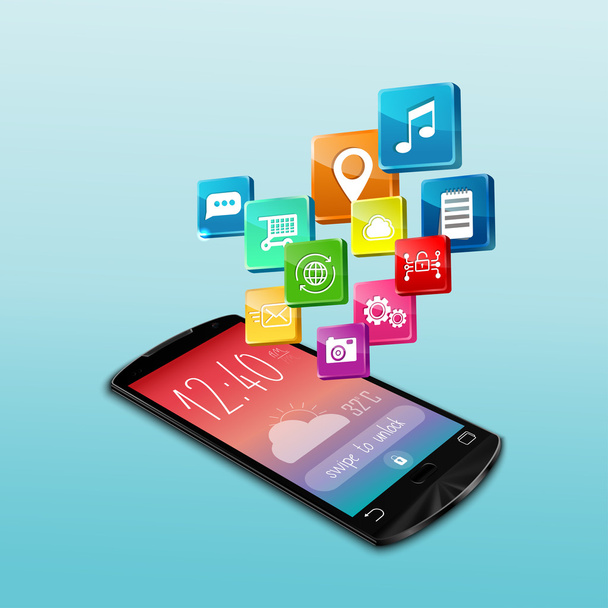 schwarzes Smartphone mit Applikationssymbolen auf weißem Hintergrund - Vektor, Bild