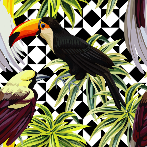 tropical birds and plants pattern, geometric background - Vektori, kuva