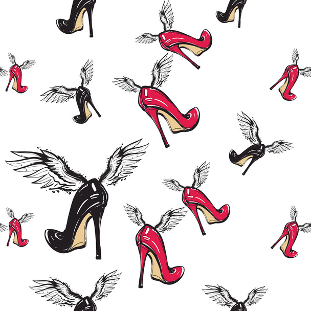 high heeled shoes with wings pattern - ベクター画像