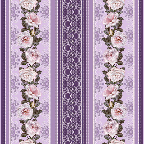 Vertical floral border. Pattern, seamless. Flower garland, bouquet of pink and lilac roses. Lace inserts openwork weaving, vintage. - Foto, immagini