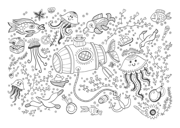 Marine vector card isolated on white background. Coloring book page design for adults and kids. Sea animals. Black and white. - Vecteur, image