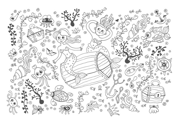 Marine vector card isolated on white background. Coloring book page design for adults and kids. Sea animals. Black and white. - Διάνυσμα, εικόνα