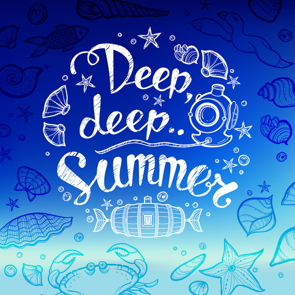 夏要素のセット: ビーチ風景、テキスト、貝、海の動物をぼやけています。休日カード、ロゴ、ラベル、壁紙の文字体裁デザイン。夏のテーマ. - ベクター画像