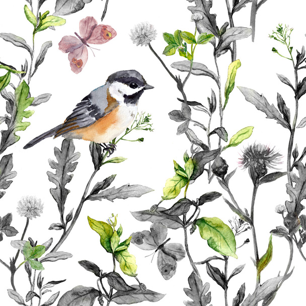 Meadow flowers, bird, butterflies. Seamless floral pattern, black-white colors. Watercolor - 写真・画像