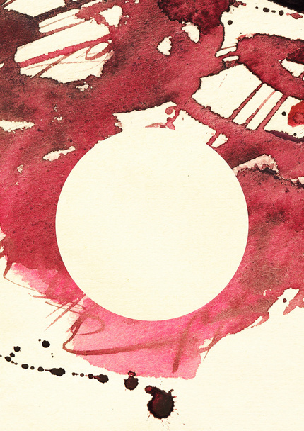 ベージュ色の背景に暗い赤の色合いでブラシと液水彩描画手の垂直功妙な図大きく、センター内のテキストの丸い場所で粒子の粗いラスター抽象的なテクスチャ - 写真・画像