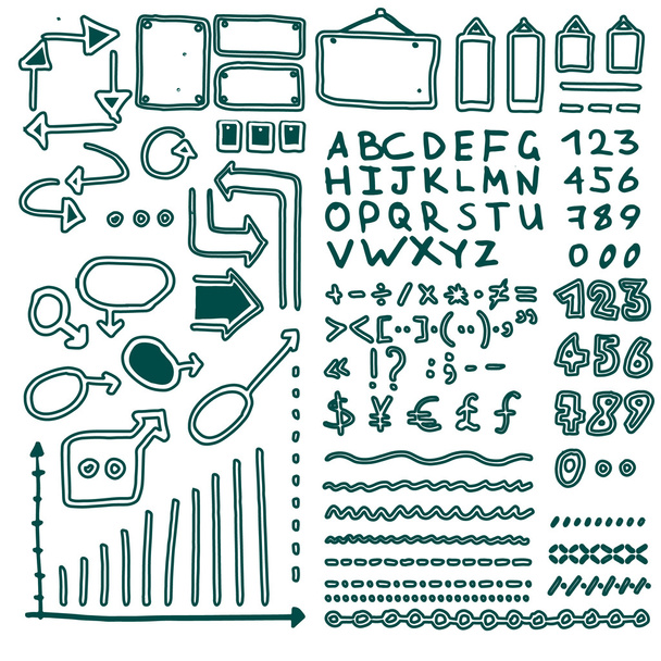 Set of hand drawn elements Arrows, lines, graphics, letters, math signs - Vektor, kép
