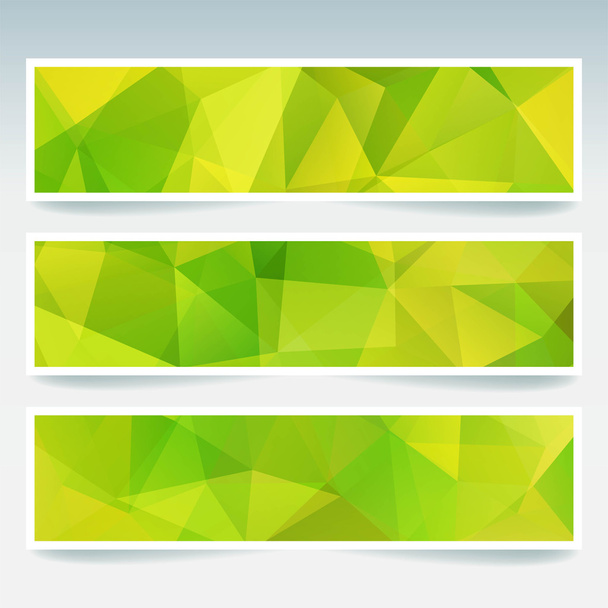 ビジネス デザイン テンプレートを使って抽象的なバナー。多角形のモザイクの背景とバナーのセットです。幾何学的三角形のベクター イラストです。緑、黄色の色. - ベクター画像