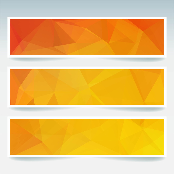 Vector banners set with polygonal abstract triangles. Abstract polygonal low poly banners. Yellow, orange colors. - Vector, Image
