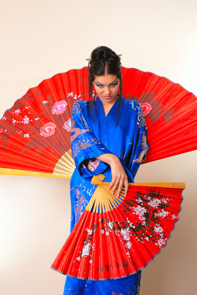 Girl with red asian fan - Foto, Imagem