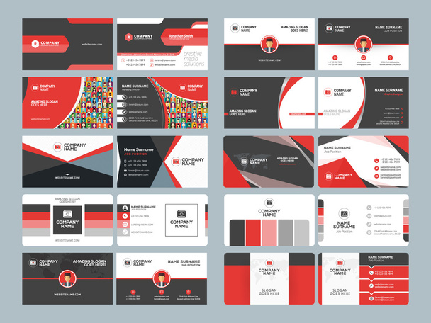 Visitenkartenvorlagen. Schreibwaren Design Vektor Set. rote und schwarze Farben. flache Vektor-Illustration - Vektor, Bild