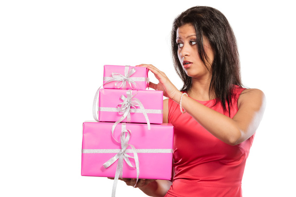 Mixed race girl with boxes gifts. Christmas - Foto, Imagem