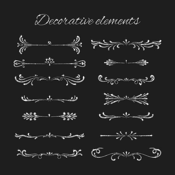 Silver text dividers set. Ornamental decorative elements. Vector ornate elements design. Silvery flourishes. Shiny decorative hand drawn borders with glitter effect. - Vektor, kép
