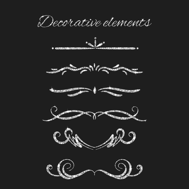 Silver text dividers set. Ornamental decorative elements. Vector ornate elements design. Silvery flourishes. Shiny decorative hand drawn borders with glitter effect. - Vektor, kép