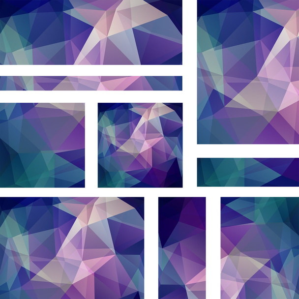 Векторні банери встановлені з полігональними абстрактними трикутниками. Анотація полігональних низькополімерних банерів. Синій, рожевий, фіолетовий кольори
. - Вектор, зображення