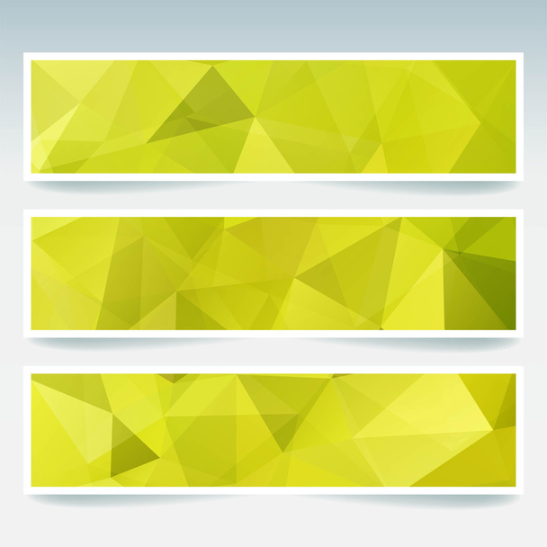 Horizontale banners set met veelhoekige driehoeken. Veelhoek achtergrond, vector illustratie. Gele kleur. - Vector, afbeelding