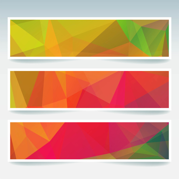 Vector banners set with polygonal abstract triangles. Abstract polygonal low poly banners. Yellow, green, red colors. - Vektor, kép