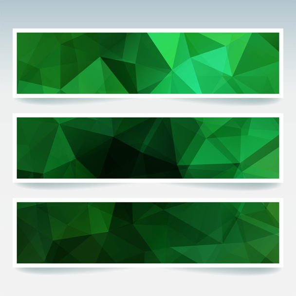 Vízszintes bannerek szett poligális háromszögekkel. Sokszög zöld háttér, vektoros illusztráció - Vektor, kép