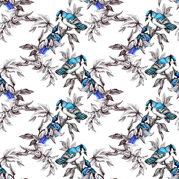 Seamless pattern with birds on branch with leaves  - Φωτογραφία, εικόνα