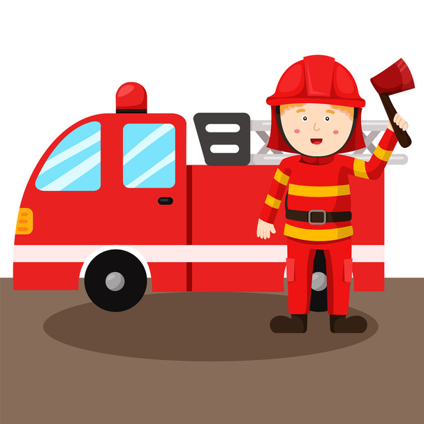 Illustration of fireman and Fire truck - Vector, Image