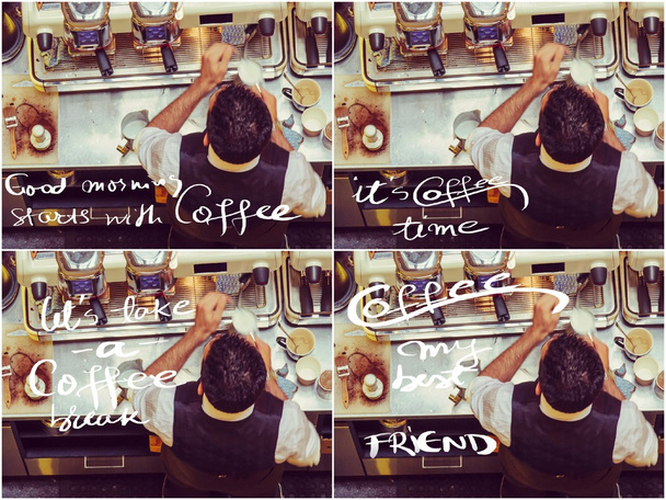Collage photo de Barista et machines à café, filtre vintage appliqué
 - Photo, image