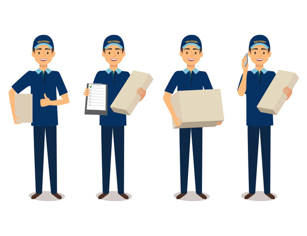Full length portrait of delivery man in blue uniform holding box - Vector, Image