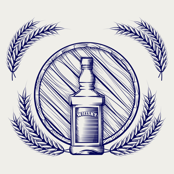 Whisky bottle barrel and wheat sketch - Vector, Imagen