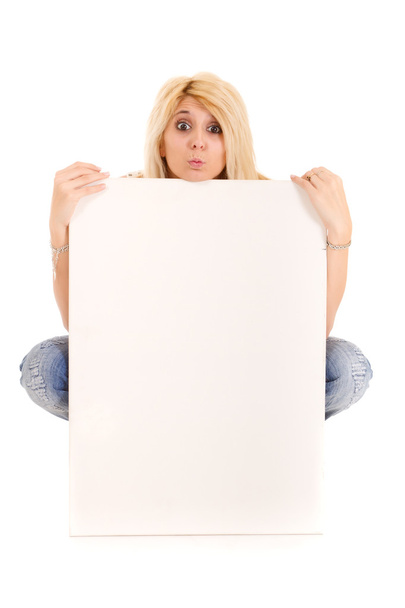 Femme blonde montrant le panneau d'affichage
 - Photo, image