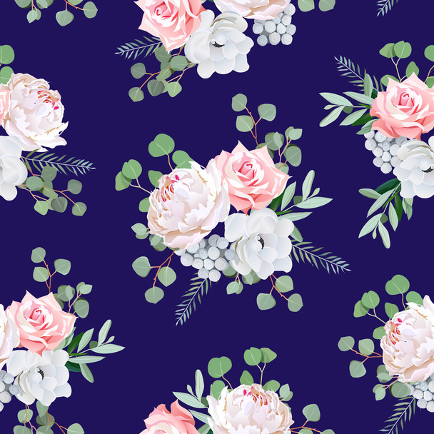 Navy pattern with bouquets of rose, peony, anemone, brunia flowe - Wektor, obraz