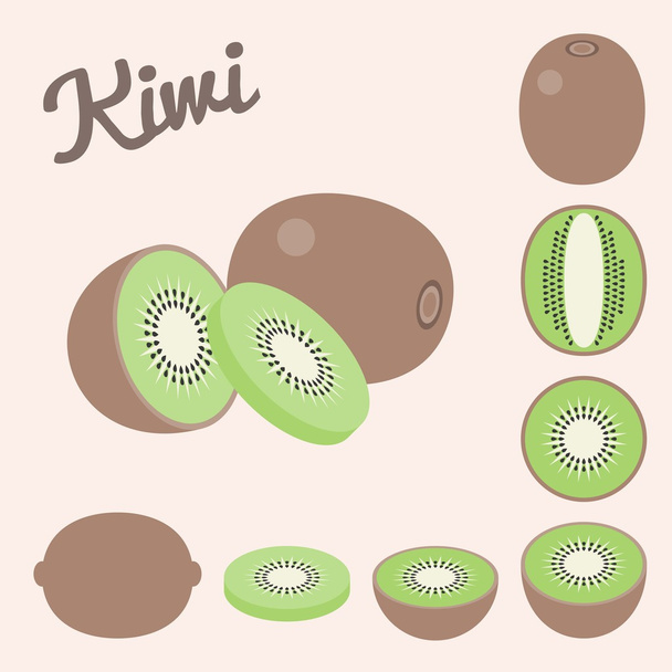 Conjunto de iconos de rebanada y medio kiwi, diseño plano
 - Vector, imagen