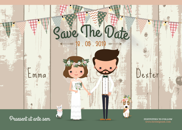 Tarjeta de invitación de boda rústica pareja y guardar la fecha
 - Vector, imagen