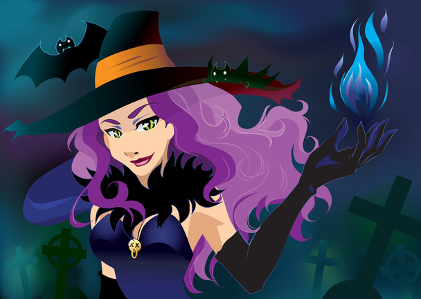 Sorcière d'Halloween sexy en chapeau et robe, jette un sort cimetière de nuit avec des chauves-souris
. - Vecteur, image