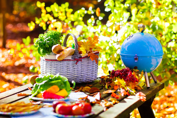 Grill und Picknickkorb im Herbstgarten - Foto, Bild