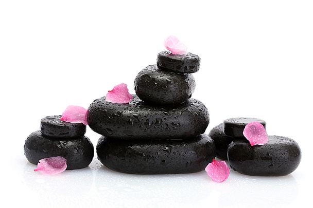 Spa stones with drops and pink petals isolated on white - Φωτογραφία, εικόνα
