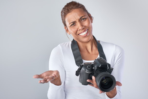 mixed race woman with dslr camera - Photo, Image