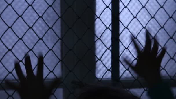 Vanki Pov. Avuton lapsi ravistelee metalliaitaa yrittäen paeta. Siluetti lasten kädet ikkunan aidan. Pakolaisia tai hylättyä lasta. Mielisairaalassa. Perheväkivaltaa. Sormet aidan ja ikkunan päällä
 - Materiaali, video