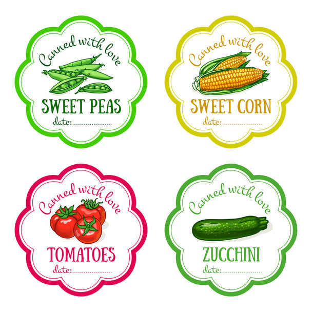Set van vectorlabels met hand getekende groente. Sjablonen voorontwerp kan worden gebruikt als sticker op blik jar, conservering, boerenmarkt, biologische voedsel winkel - Vector, afbeelding
