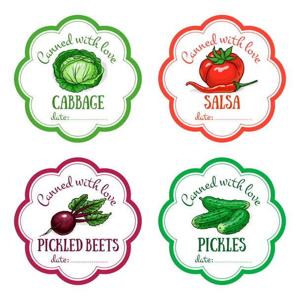 Vektor-Etiketten mit handgezeichnetem Gemüse. Vorlagen für de - Vektor, Bild