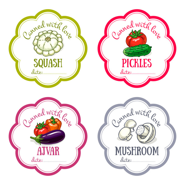 Set di etichette vettoriali con verdura disegnata a mano. I modelli per la progettazione possono essere utilizzati come adesivo su barattolo in scatola, conservazione, mercato agricolo, negozio di alimenti biologici
 - Vettoriali, immagini