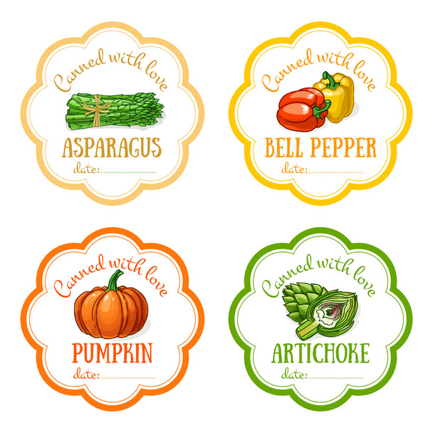 Набор векторных этикеток с рисованными вручную овощами. Мбаппе для дизайна можно использовать в качестве стикера на банки, консервы, фермерский рынок, магазин органических продуктов питания
 - Вектор,изображение