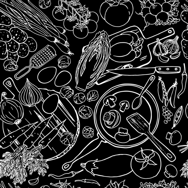 Bezešvé vzory se zeleninou, kuchyňkou na tabuli. Pozadí – černobílé zobrazení - Vektor, obrázek