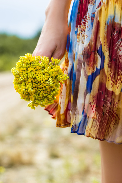 A bouquet of yellow yarrow in the hands of women. - Foto, Imagen