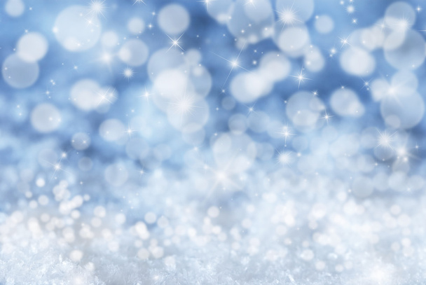 Blue Christmas Background With Snow, Stars And Bokeh - Фото, зображення