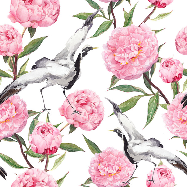 Crane birds dance, peony flowers. Floral repeating asian pattern. Watercolor - Fotoğraf, Görsel