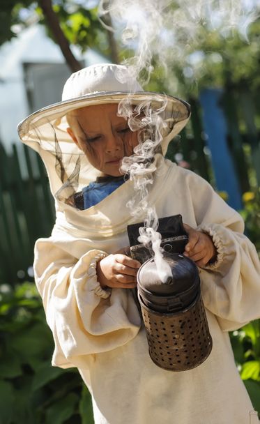 Jovem apicultor usando um fumante no quintal da abelha
 - Foto, Imagem