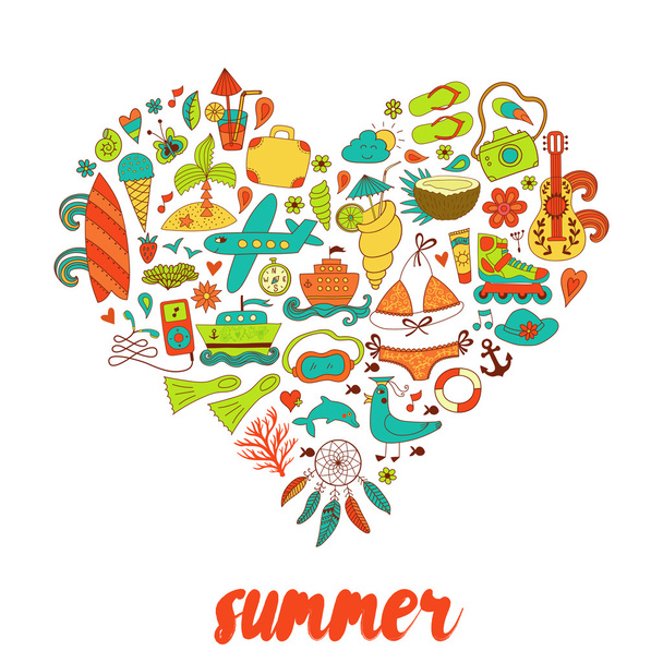 Summer heart design made of doodle season elements - Vecteur, image